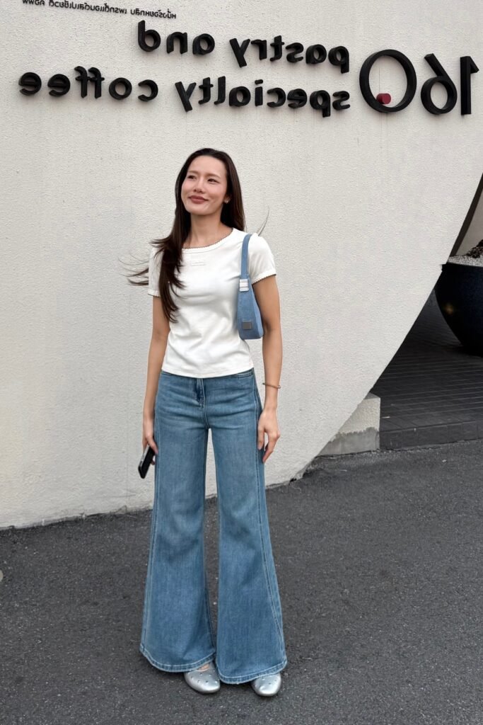 White Fitted T-Shirt + Light Wash Wide-Leg Flare Jeans + Silver Ballet Flats