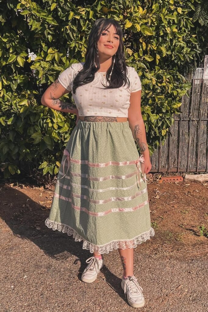 White Floral Crop Top + Sage Green Ribbon-Trimmed Skirt + White Sneakers
