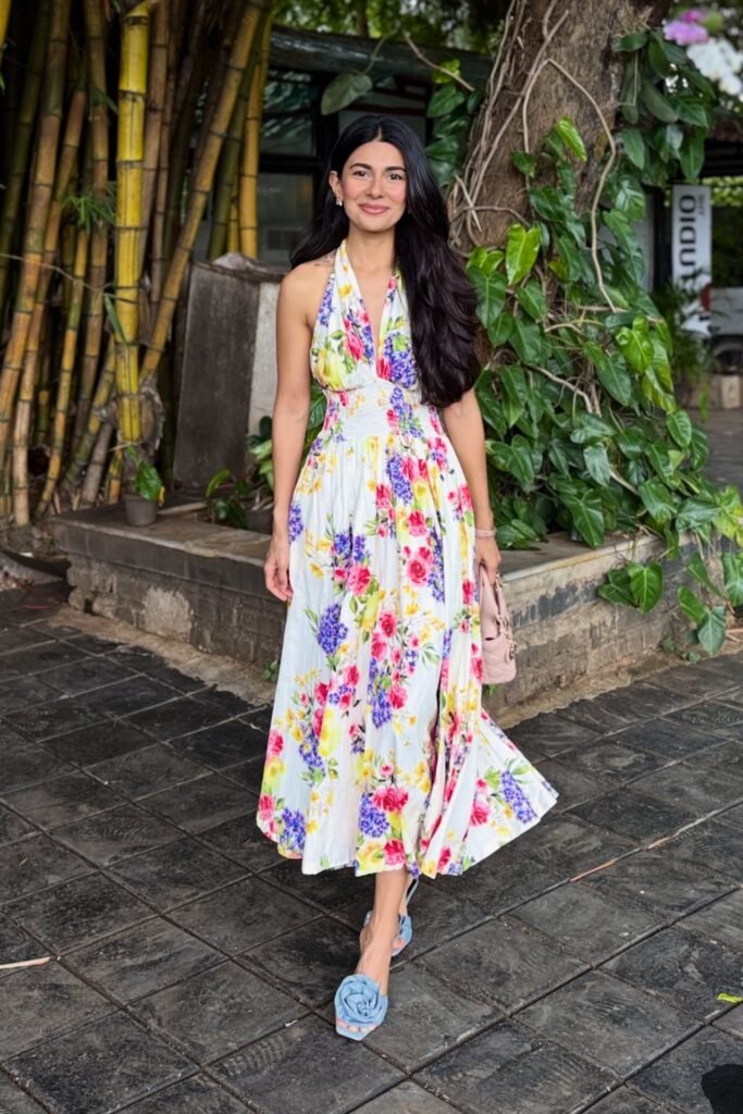 White Floral Halter Maxi Dress + Blue Rosette Slide Sandals + Pink Quilted Bag