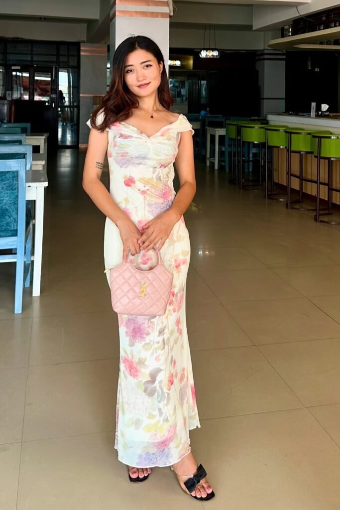 White Floral Off-the-Shoulder Maxi Dress + Pink Quilted Handbag + Black Bow Sandals