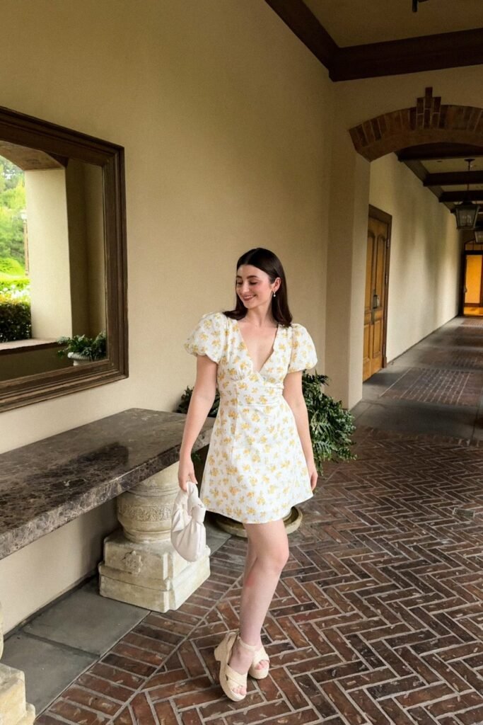 White Floral Puff-Sleeve Mini Dress + Beige Platform Sandals + White Ruched Bag
