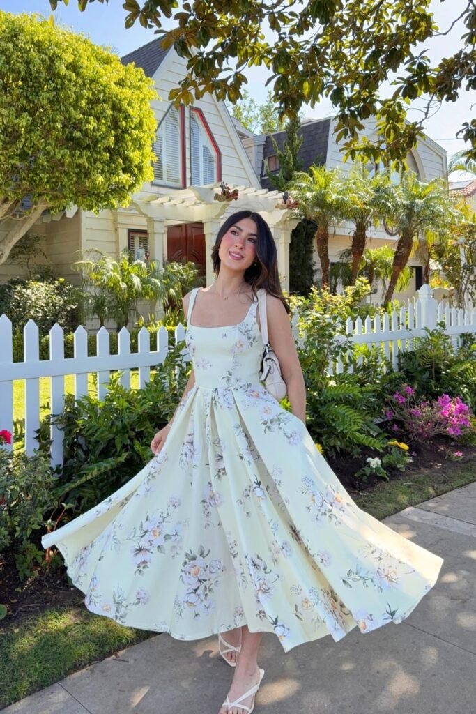 White Floral Square Neck Flare Dress + White Strappy Sandals