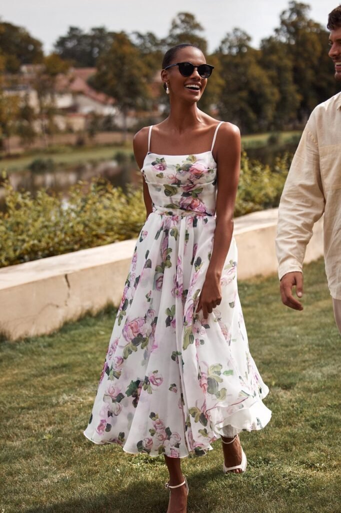 White Floral Square-Neck Midi Dress + Spaghetti Straps + White Strappy Heels