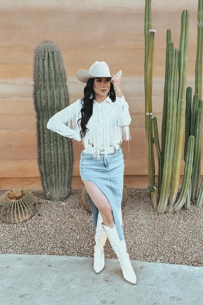 White Fringe Western Shirt + Denim Side-Slit Midi Skirt + White Embroidered Cowboy Boots
