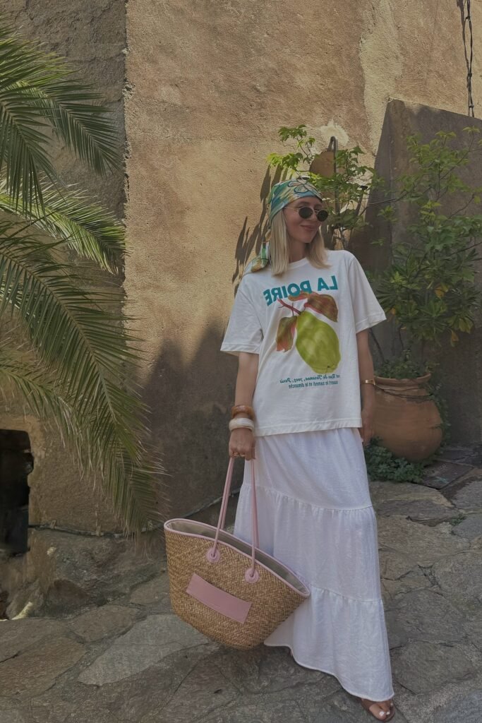 White Fruit Graphic T-shirt + White Tiered Maxi Skirt + Straw Tote Bag