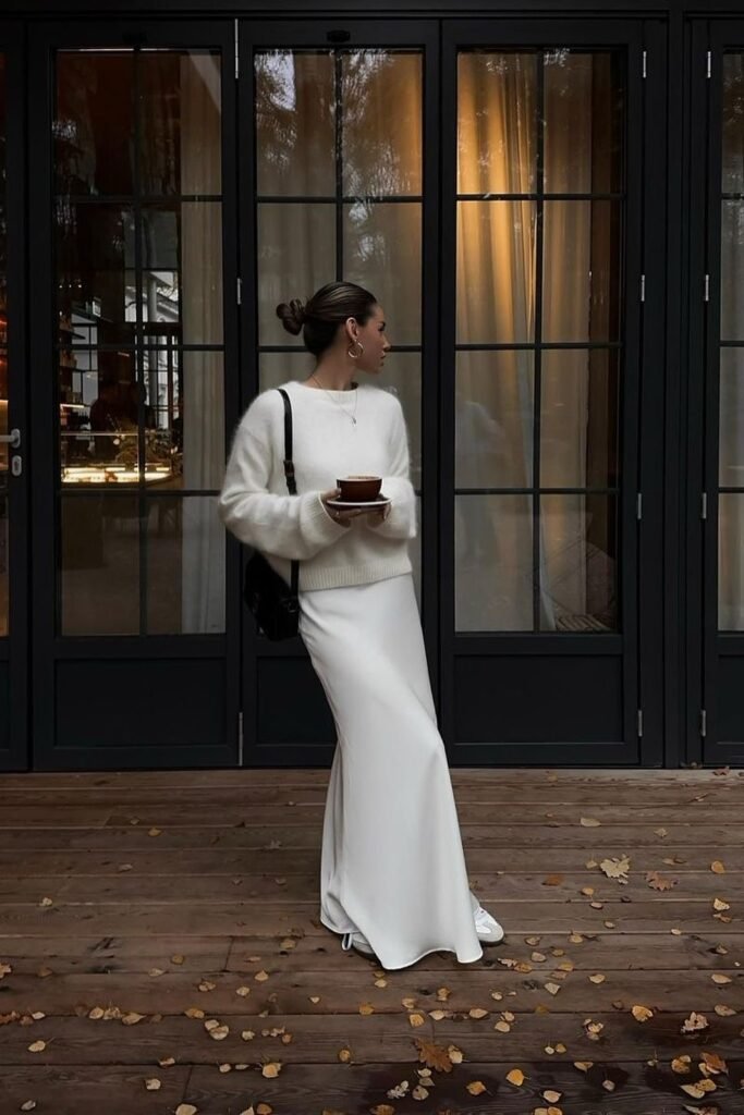 White Fuzzy Crewneck Sweater + White Satin Maxi Skirt + White Sneakers