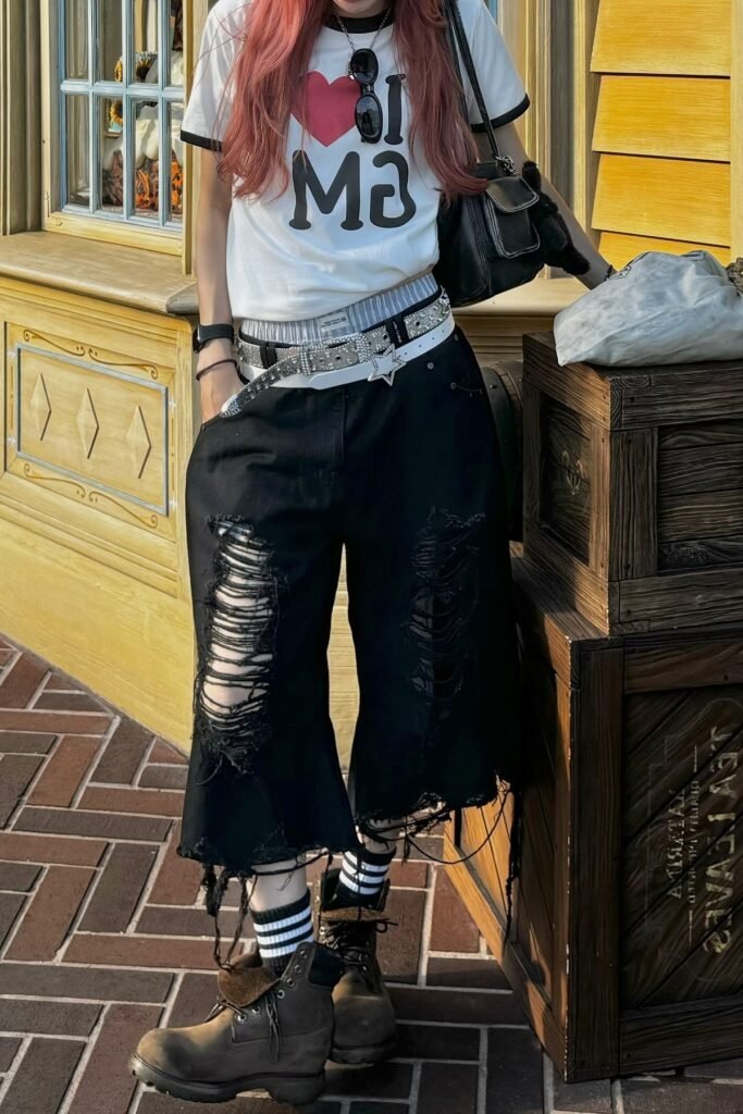 White Graphic Ringer Tee + Heavily Distressed Black Denim Culottes + Brown Work Boots with Striped Socks