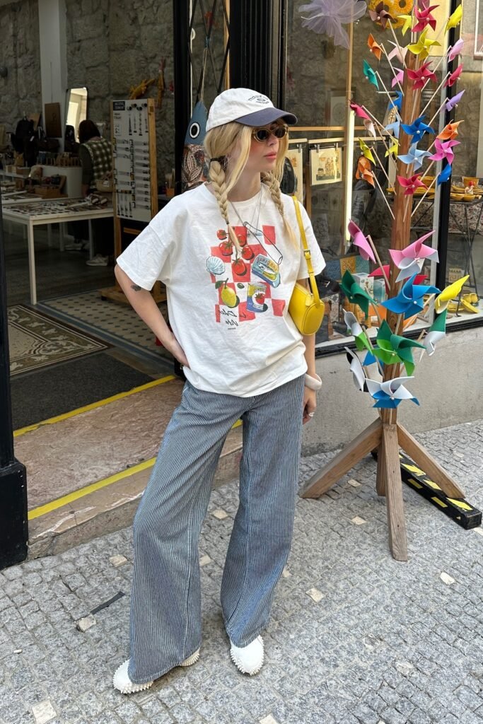 White Graphic T-Shirt + Blue Vertical Striped Wide-Leg Trousers + Yellow Oval Crossbody Bag