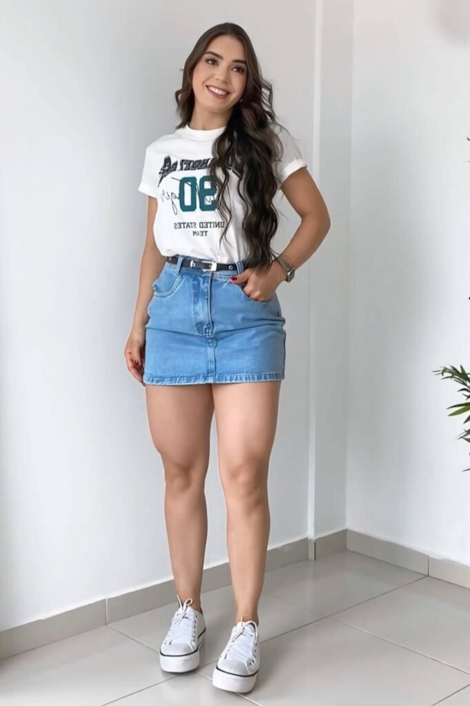 White Graphic T-Shirt + Light Wash Denim Mini Skirt + White Canvas Sneakers