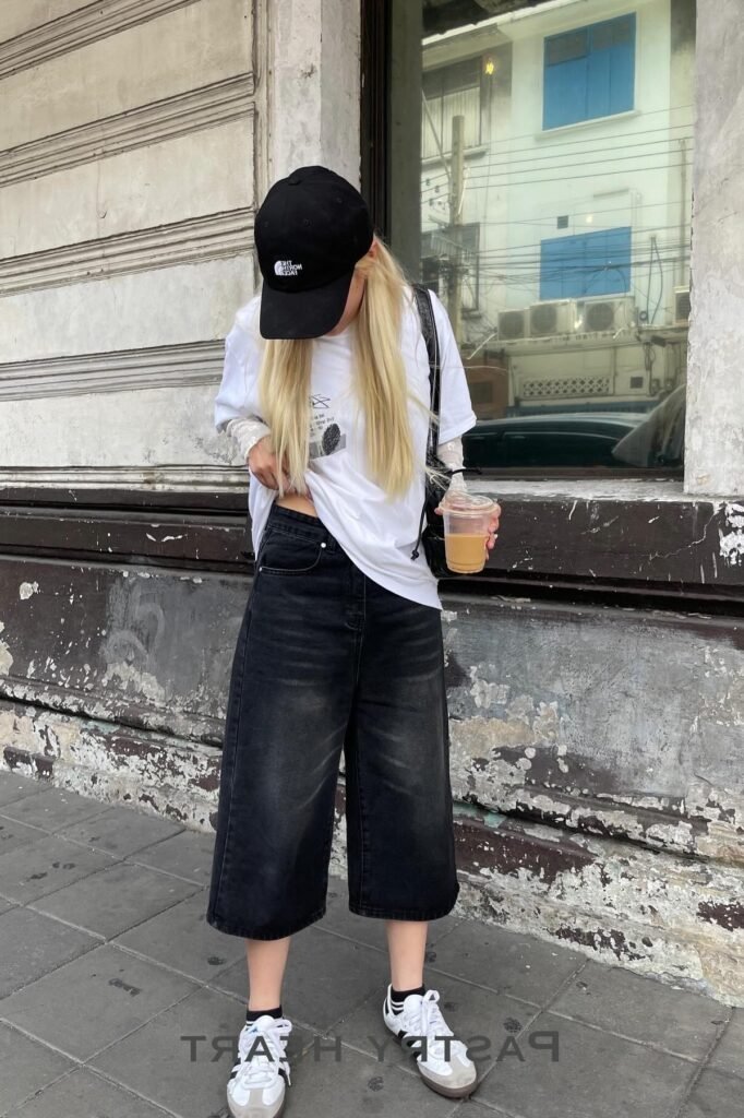 White Graphic T-shirt + Black Wide-Leg Denim Culottes + White Adidas Samba Sneakers