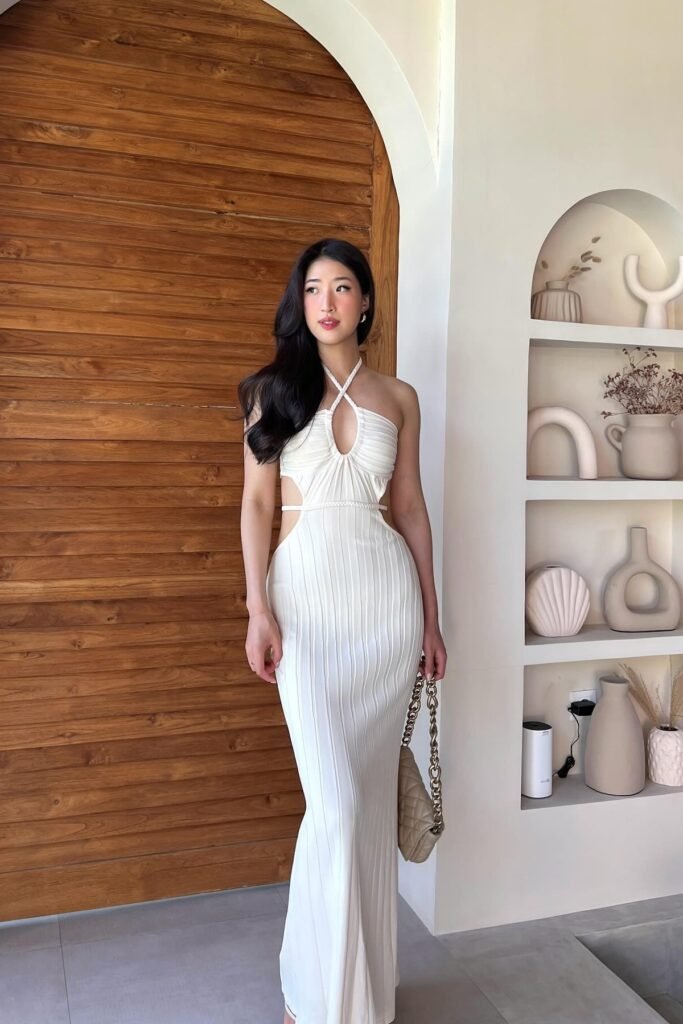 White Halter-Neck Cut-Out Maxi Dress + Quilted Beige Chain Bag