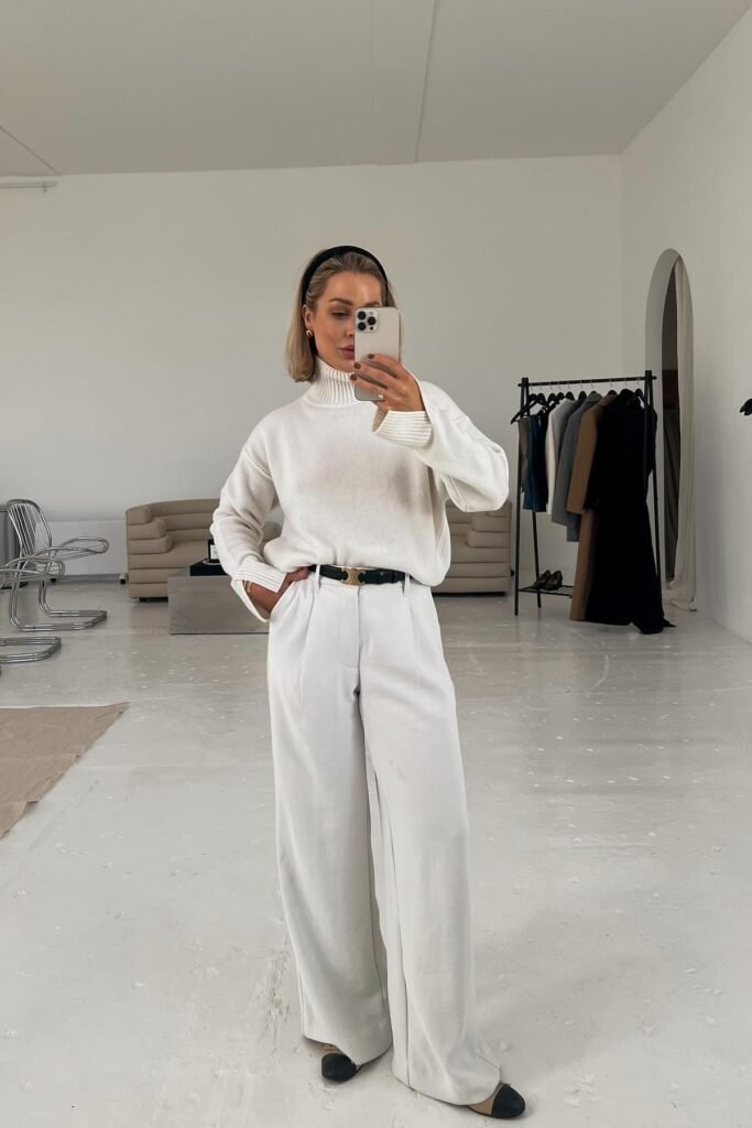 White High-Neck Sweater + White Wide-Leg Trousers + Black Logo Belt