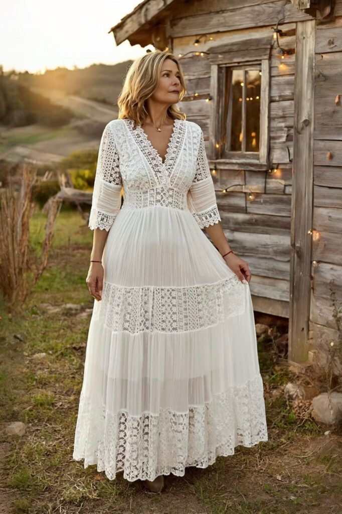 White Lace-Panelled Tiered Maxi Dress + Gold Pendant Necklace