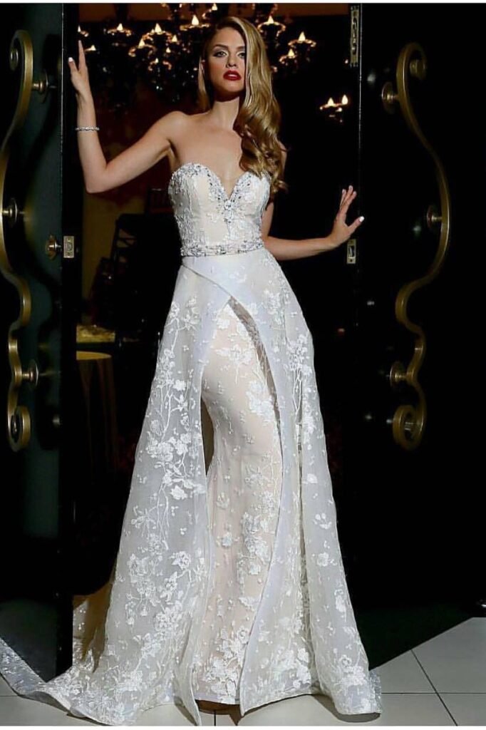  White Lace Strapless Gown + Jeweled Waistband + Split Over-Skirt