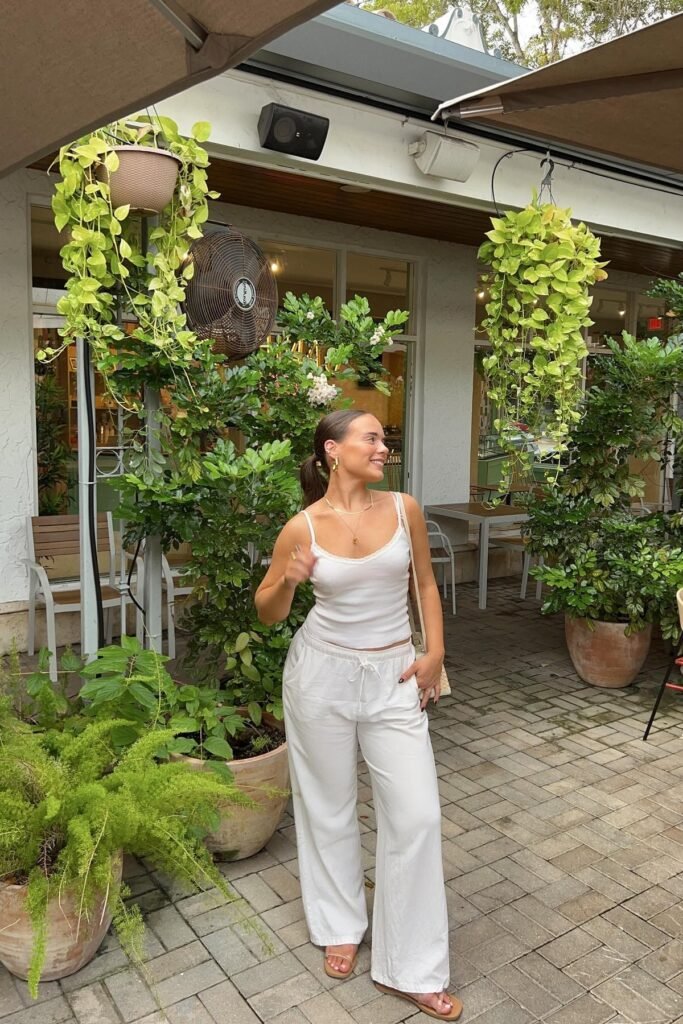 White Lace-Trim Camisole + White Linen Drawstring Pants + Tan Flat Sandals