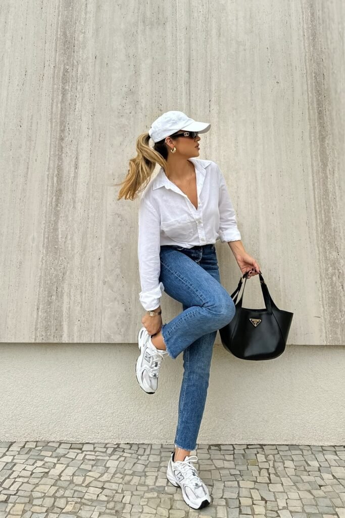 White Linen Button-Down Shirt + Medium Wash Skinny Jeans + White Athletic Sneakers