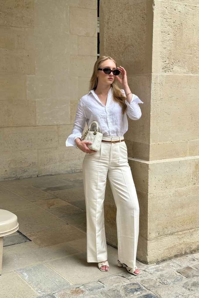 White Linen Button-Down Shirt + White Wide-Leg Trousers + Cream Strappy Sandals