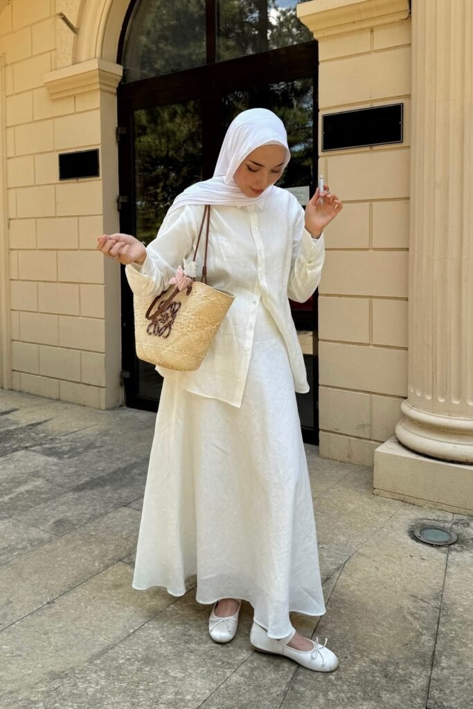 White Linen Button-Up + White A-Line Skirt + White Ballet Flats