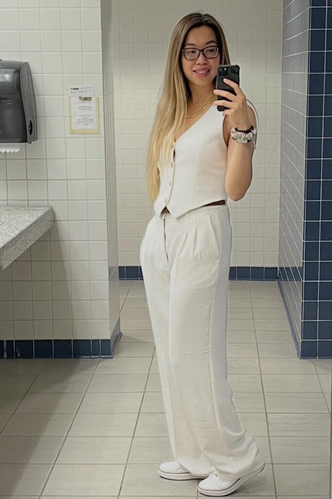 White Linen Vest + White High-Waisted Tailored Pants + White Slip-on Sneakers