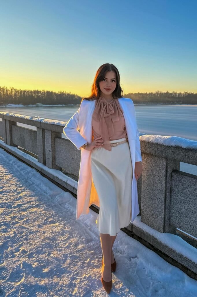 White Long Coat + Pink Pussy-Bow Blouse + Cream Satin Midi Skirt + Tan Pointed Heels