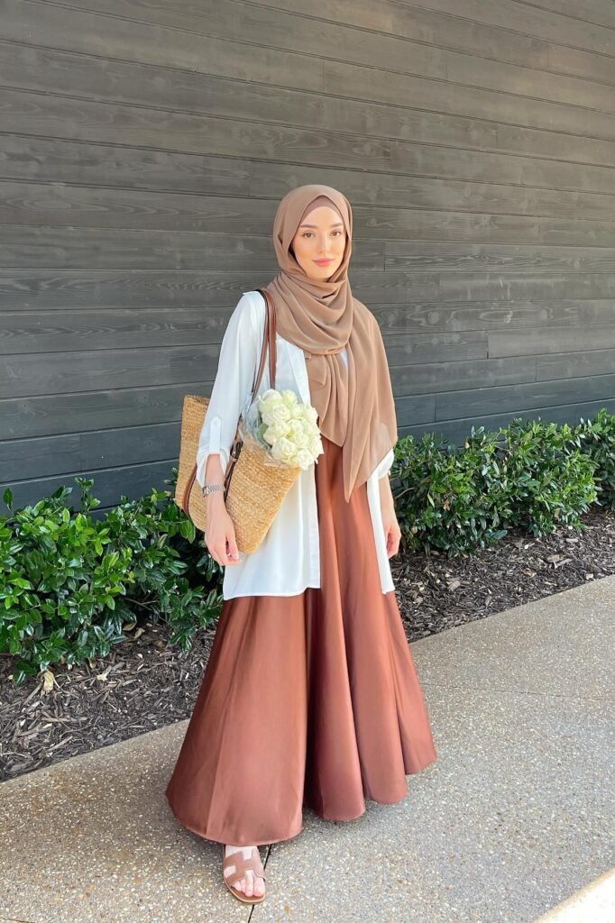 White Long-Line Shirt + Brown Satin Maxi Skirt + Tan Hijab and Slide Sandals