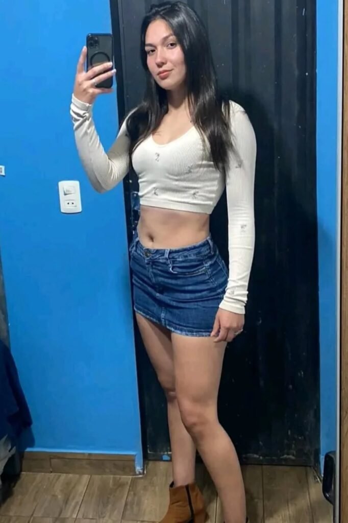 White Long-Sleeve Crop Top + Dark Wash Denim Mini Skirt + Brown Suede Ankle Boots