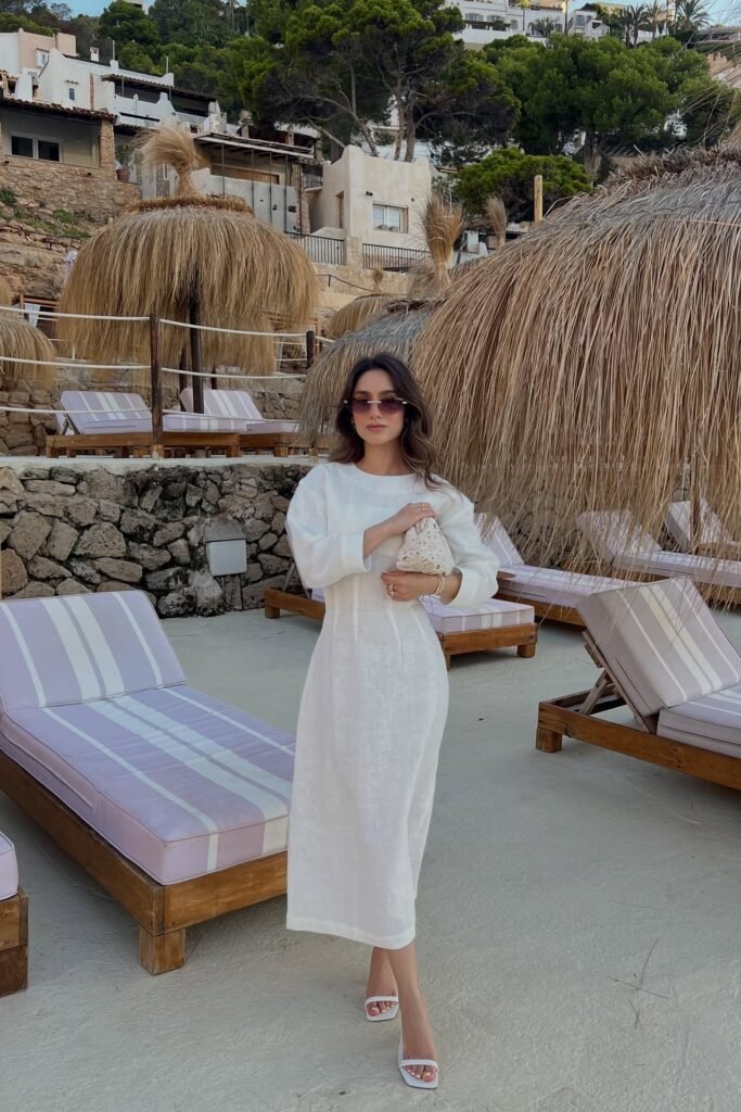 White Long-Sleeve Linen Midi Dress + White Strappy Heeled Sandals