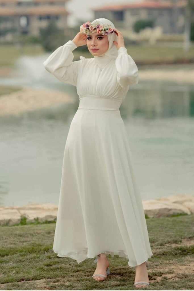 White Long-Sleeve Mock Neck Maxi Dress + Floral Crown + Silver Heeled Sandals