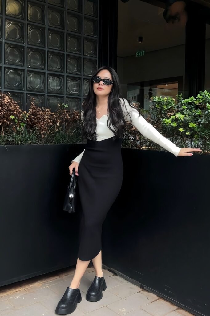 White Long-Sleeve Sweetheart Top + Black High-Waisted Midi Skirt + Black Platform Loafers