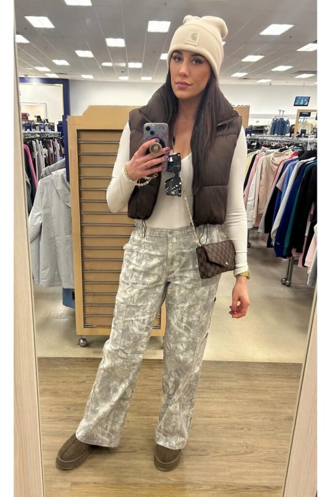 White Long-Sleeve Top + Brown Puffer Vest + Grey Tree-Print Cargo Pants + Brown Suede Boots