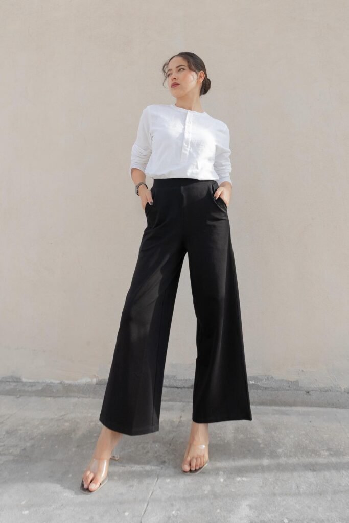 White Mandarin Collar Blouse + Black High-Waisted Wide-Leg Trousers + Clear Strap Sandals