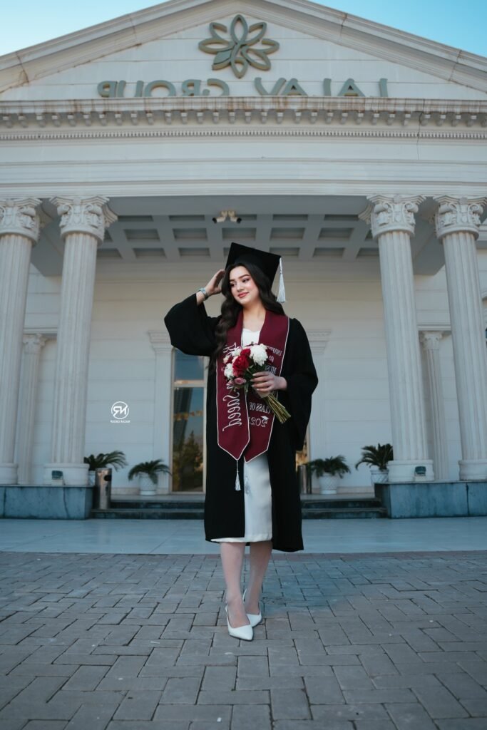 White Mid-Length Dress + Black Academic Robe + White Pointed-Toe Heels
