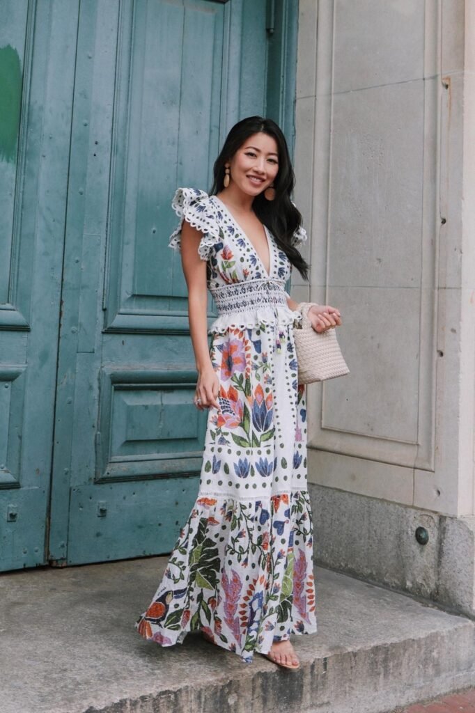 White Multi-Color Tropical Print Maxi Dress + Ruffled Sleeves + Tan Sandals