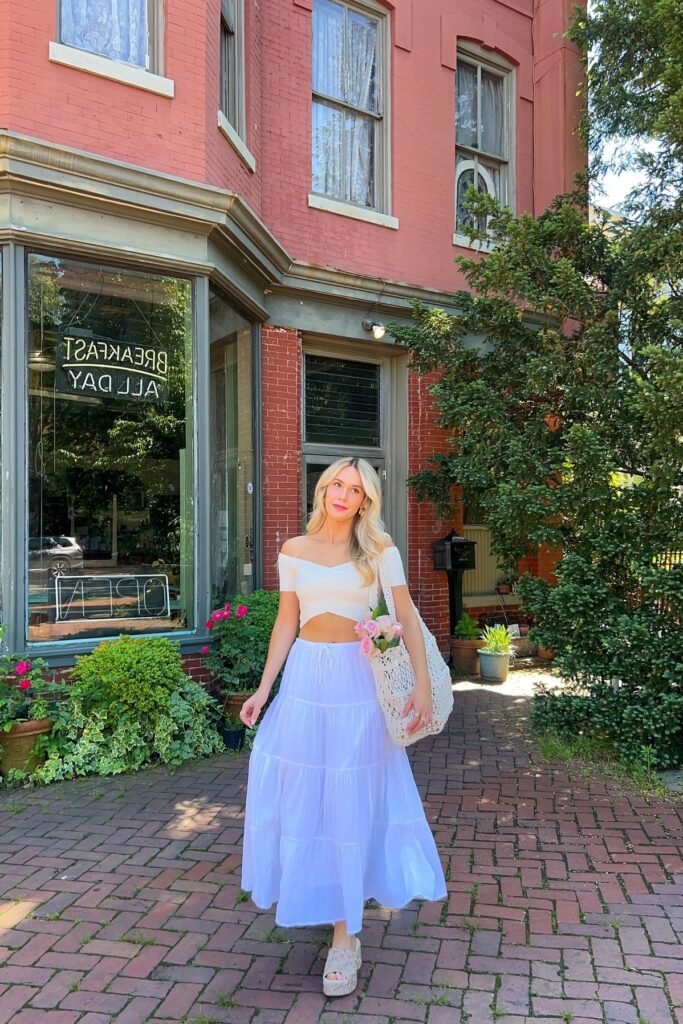 White Off-the-Shoulder Crop Top + White Tiered Maxi Skirt + Beige Platform Sandals