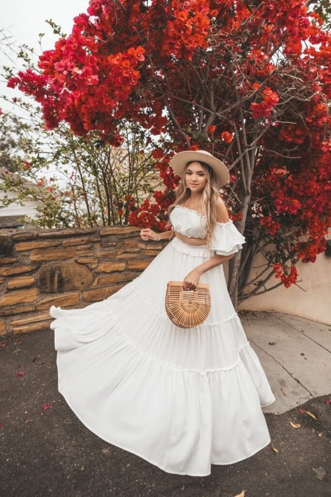 White Off-the-Shoulder Crop Top + White Tiered Maxi Skirt + Beige Wide-Brim Hat