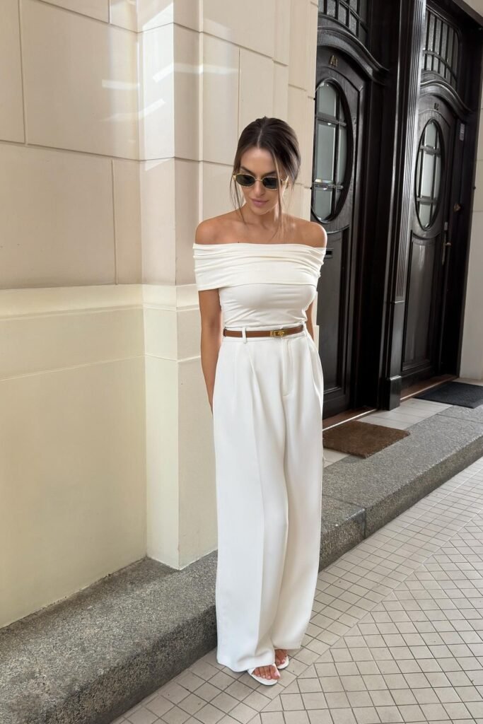 White Off-the-Shoulder Drape Top + White Wide-Leg Trousers + Brown Slim Belt