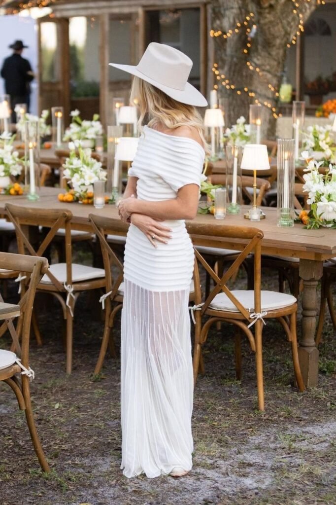 White Off-the-Shoulder Ribbed Maxi Dress + Beige Wide-Brim Fedora + White Boots
