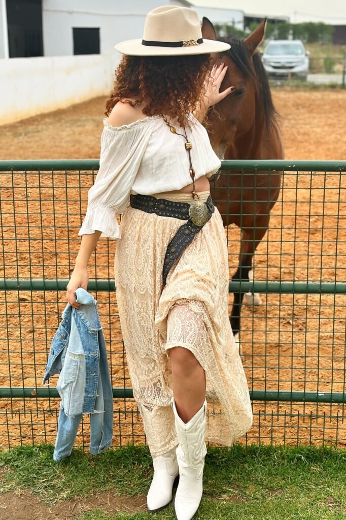 White Off-the-Shoulder Ruffle Crop Top + Cream Lace Maxi Skirt + White Cowboy Boots