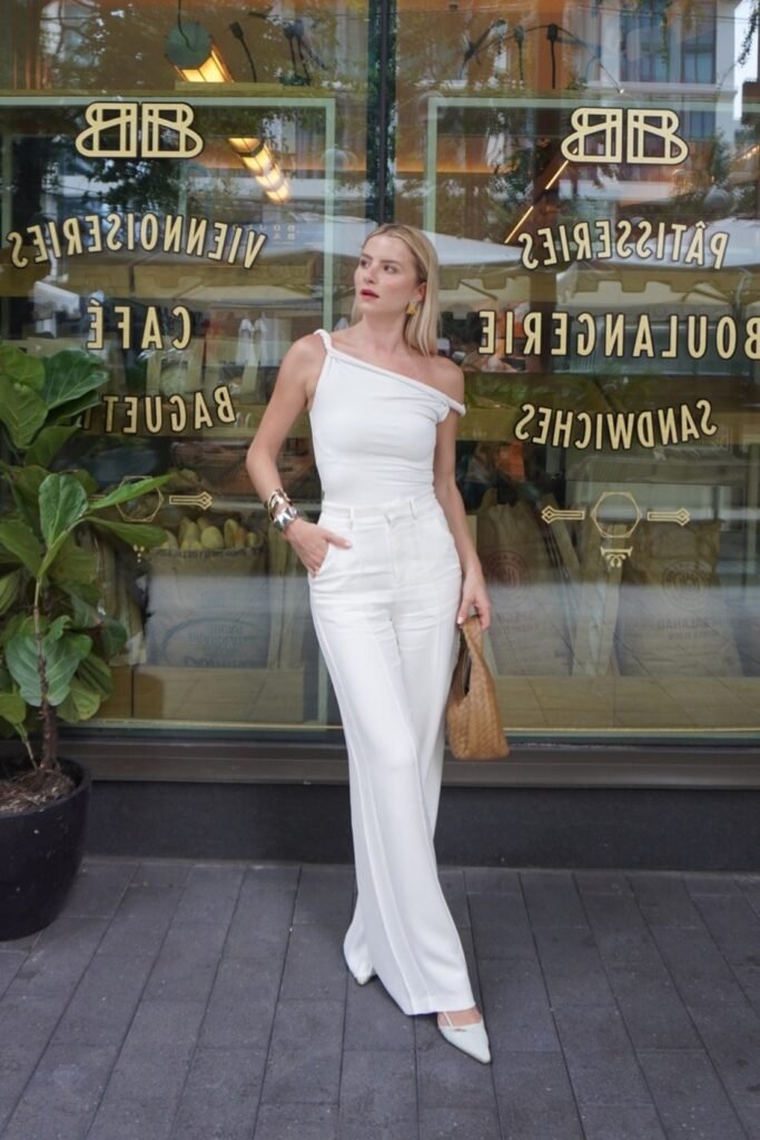 White One-Shoulder Bodysuit + White Wide-Leg Trousers + White Pointed-Toe Heels