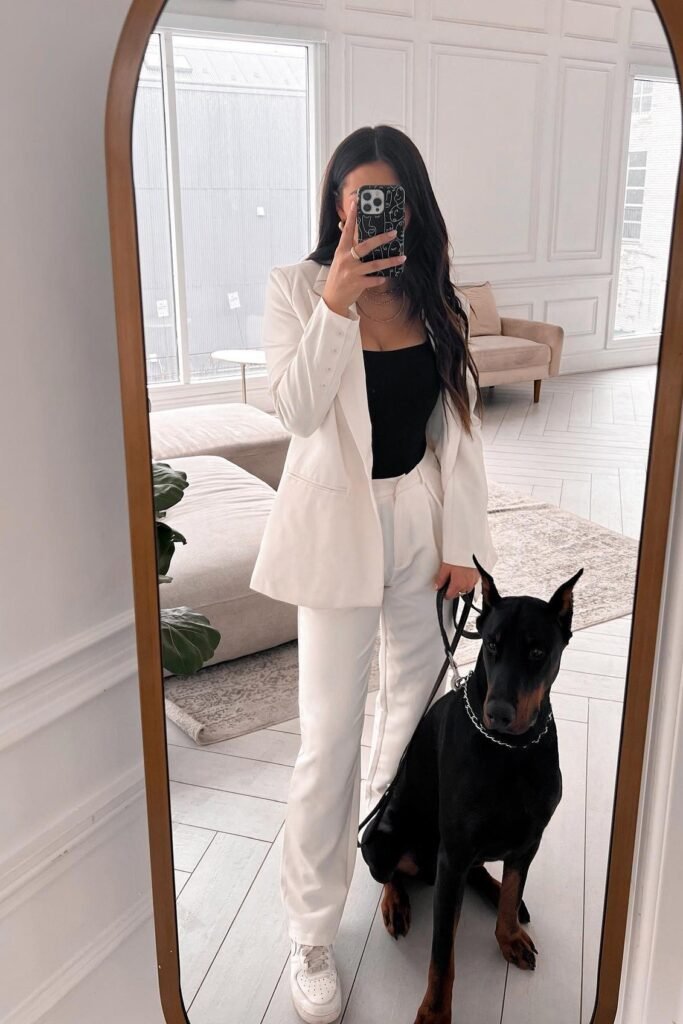 White Oversized Blazer + Black Bodysuit + White Tailored Pants + White Sneakers