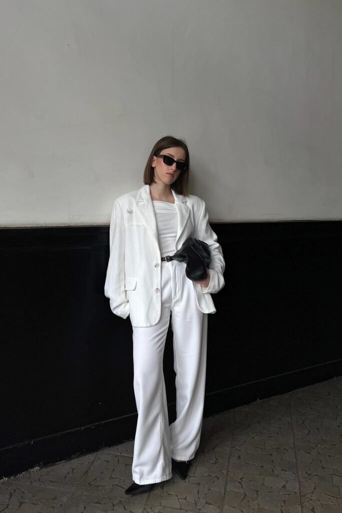 White Oversized Blazer + White Drape Neck Top + White Wide-Leg Trousers + Black Pointed Heels