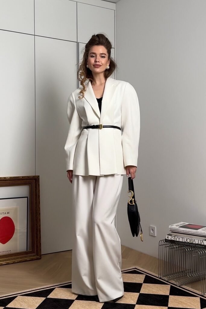  White Oversized Blazer + White Wide-Leg Trousers + Black Thin Belt