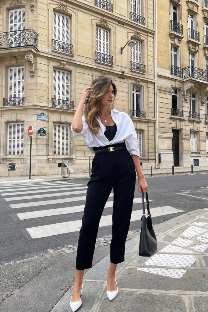 White Oversized Button-Down + Black Square-Neck Bodysuit + High-Waisted Black Trousers + White Pointed Heels