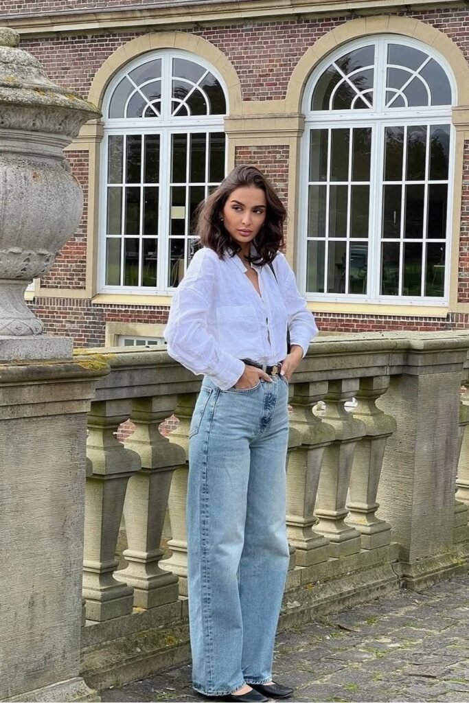 White Oversized Button-Down + Light Wash Wide-Leg Jeans + Black Pointed Flats