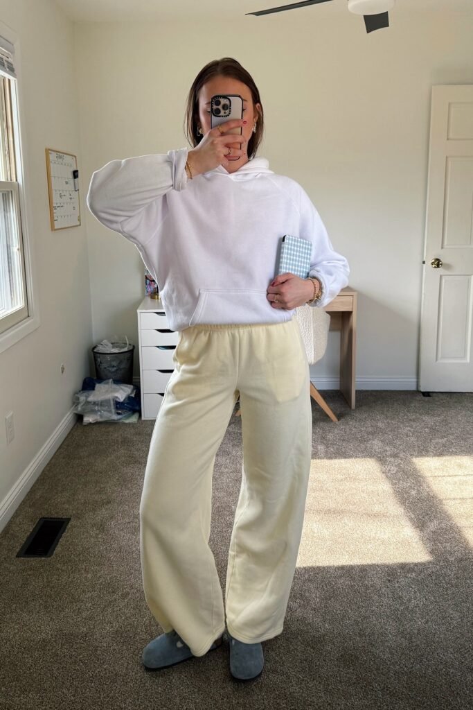 White Oversized Hoodie + Pale Yellow Wide-Leg Sweatpants + Blue Suede Clogs