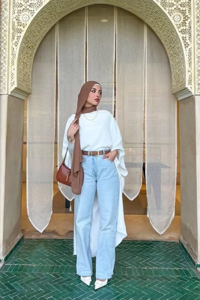 White Oversized Kimono Top + Light Wash Wide-Leg Jeans + White Pointed Mules