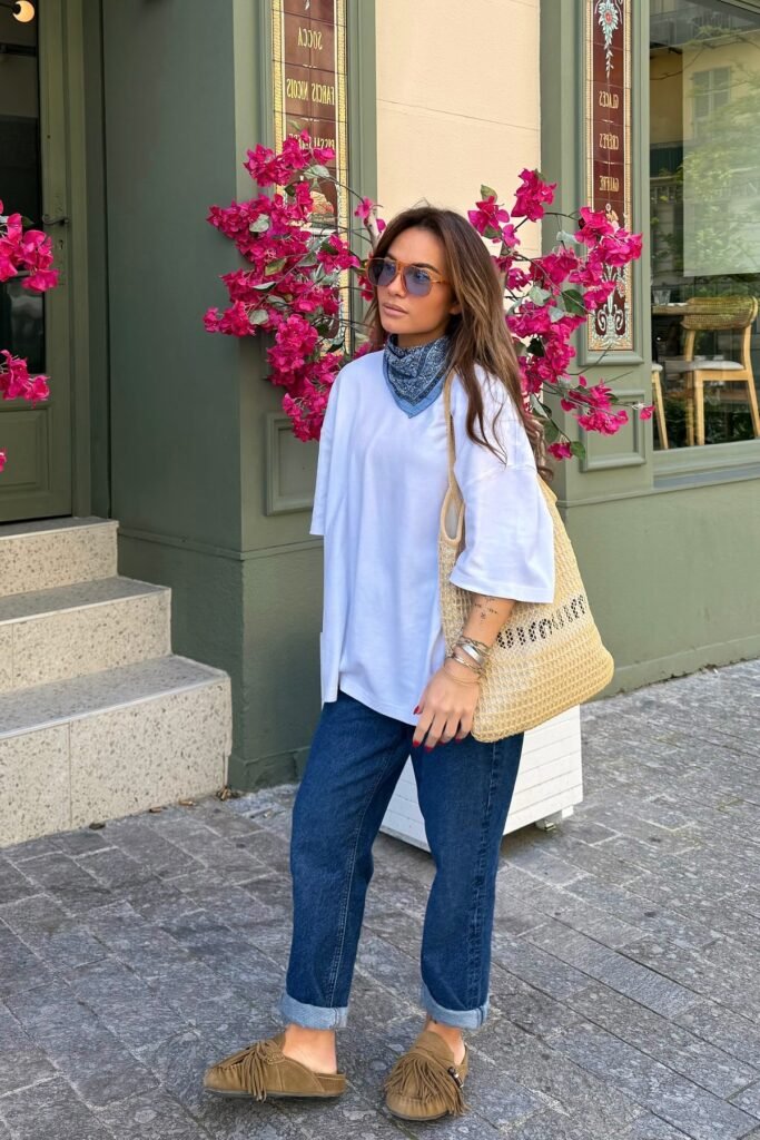 White Oversized Plain T-shirt + Cuffed Dark Blue Jeans + Brown Suede Fringe Mules