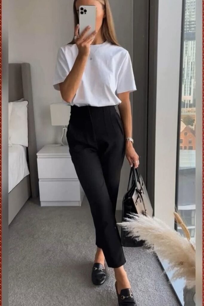 White Oversized T-Shirt + Black High-Waisted Tapered Trousers + Black Horsebit Loafers