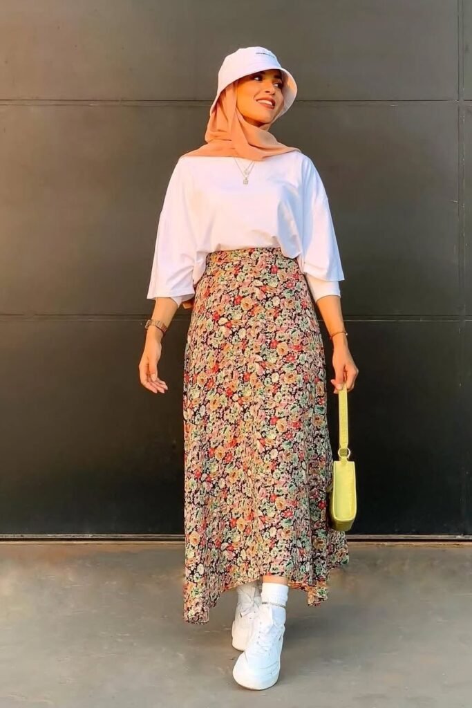 White Oversized T-Shirt + Floral Print Maxi Skirt + White Sneakers