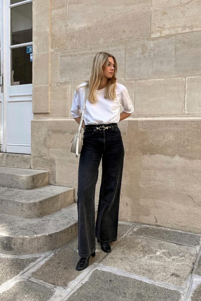 White Oversized T-shirt + Black Wide-Leg Jeans + Black Loafers